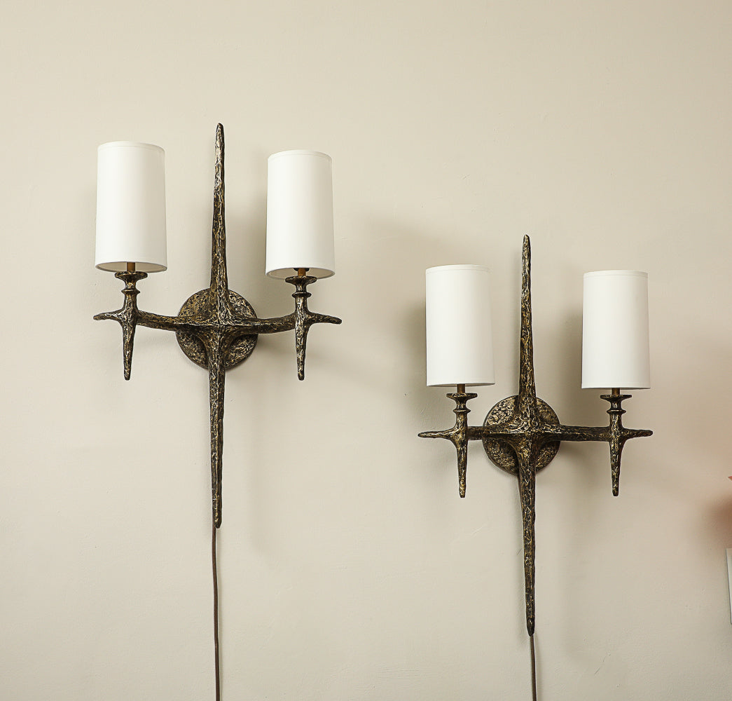 Cinelli Sculptural Bronze Wall Lights by Alexandre Loge